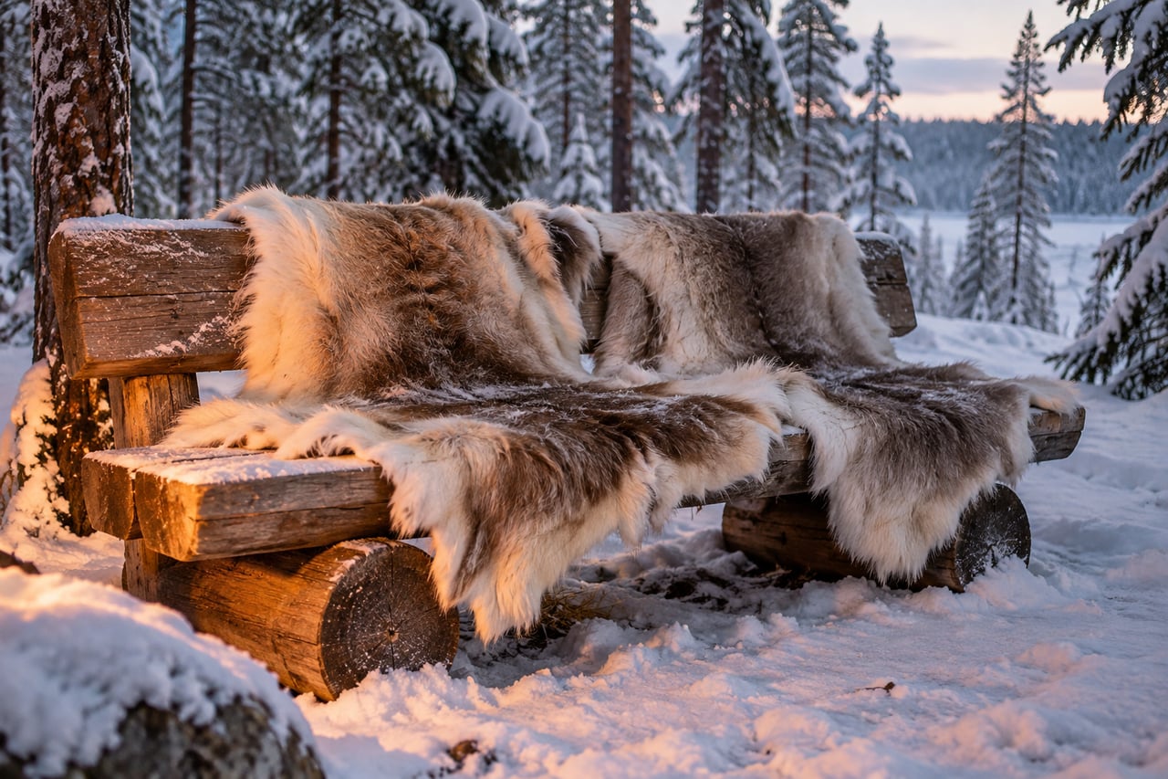 Illustrative camp scene: reindeer hides draped over a wooden bench in a snowy forest